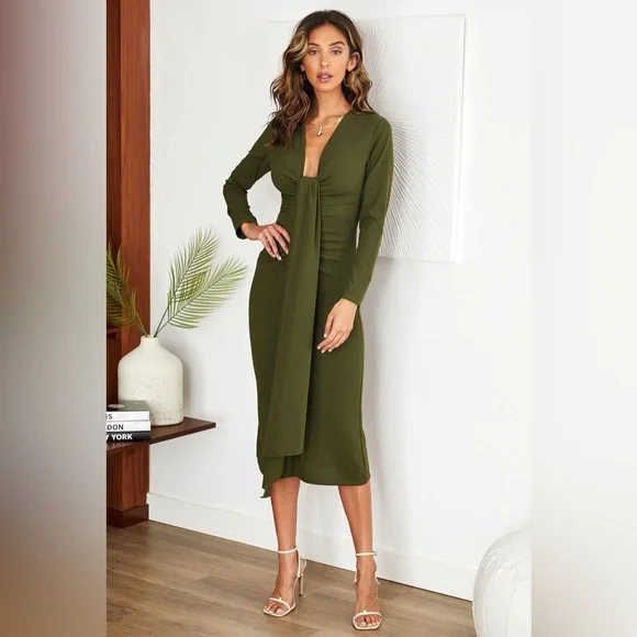 (50820-OLI) WOMEN RUCHED VNECK SASH MOSS CREPE MIDI DRESS - Picture 1 of 3